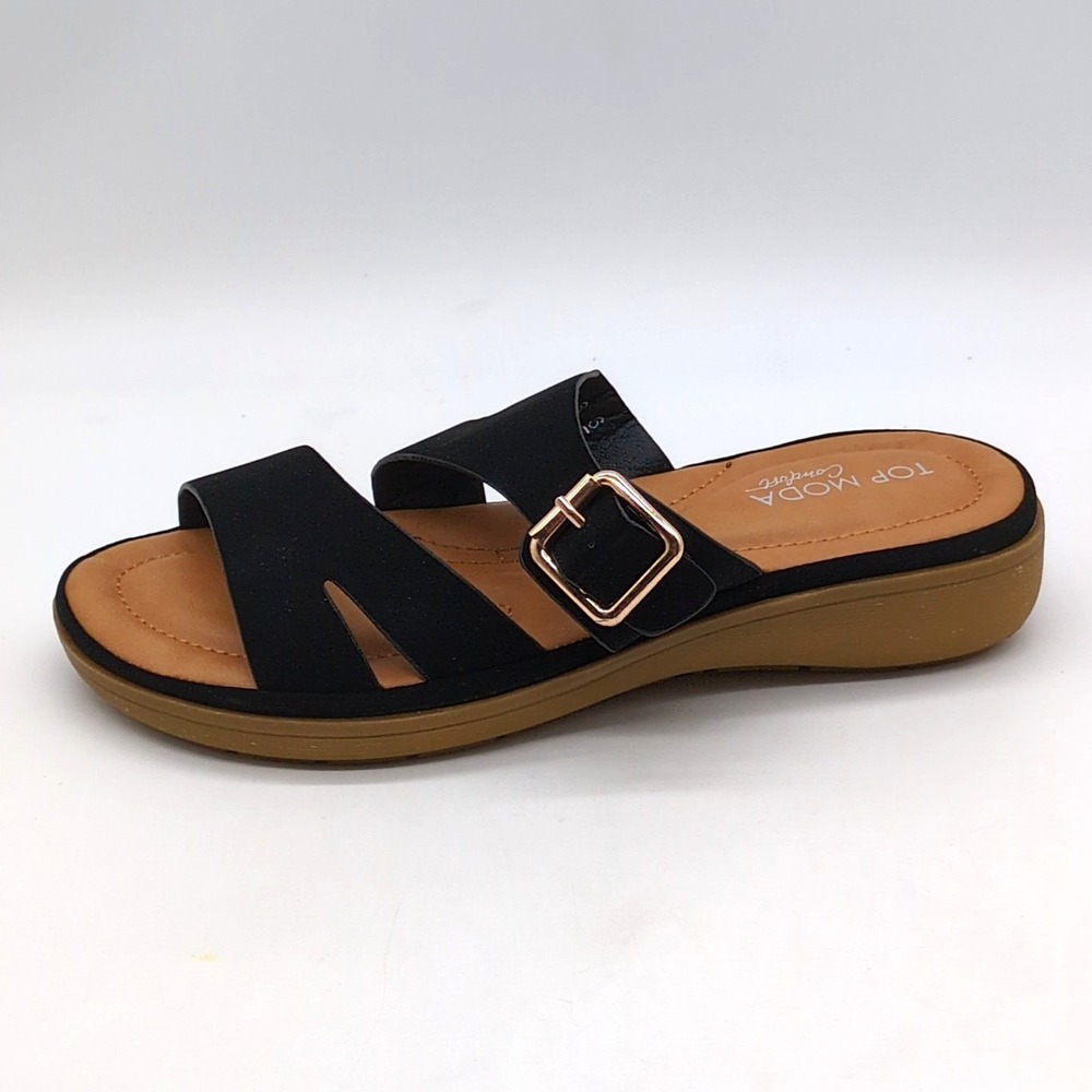Top Moda Shoes Womens Renee-8 Black 6 Slide Sandals Buckle Strap Dressy NEW
